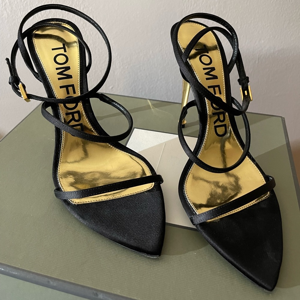 COPY - Black satin ankle strap with gold heel - Picture 2 of 12